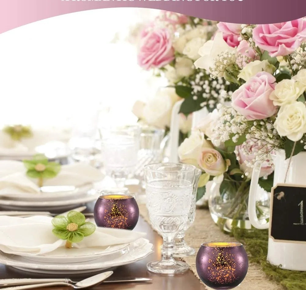 16Pcs Round Mercury Glass Votive Candle Holders for Wedding Centerpieces, Valentines Dinner, Garden Tub and Any Theme Events