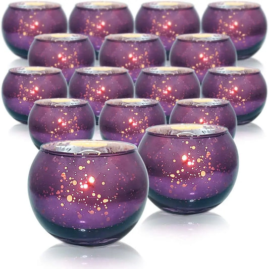 16Pcs Round Mercury Glass Votive Candle Holders for Wedding Centerpieces, Valentines Dinner, Garden Tub and Any Theme Events
