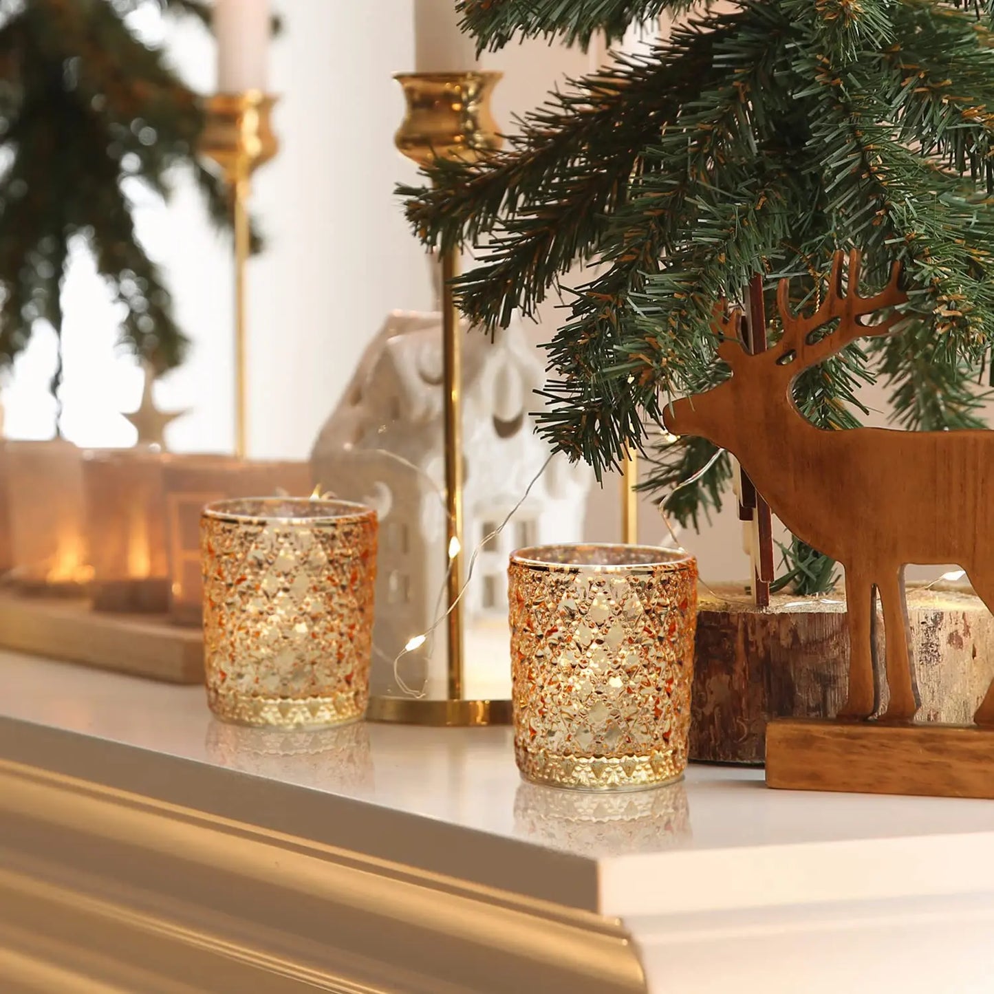 Gold Votive Candle Holders, Mercury Glass Tealight Holder for Valentines Day Decor Table Centerpiece Wedding Decoration