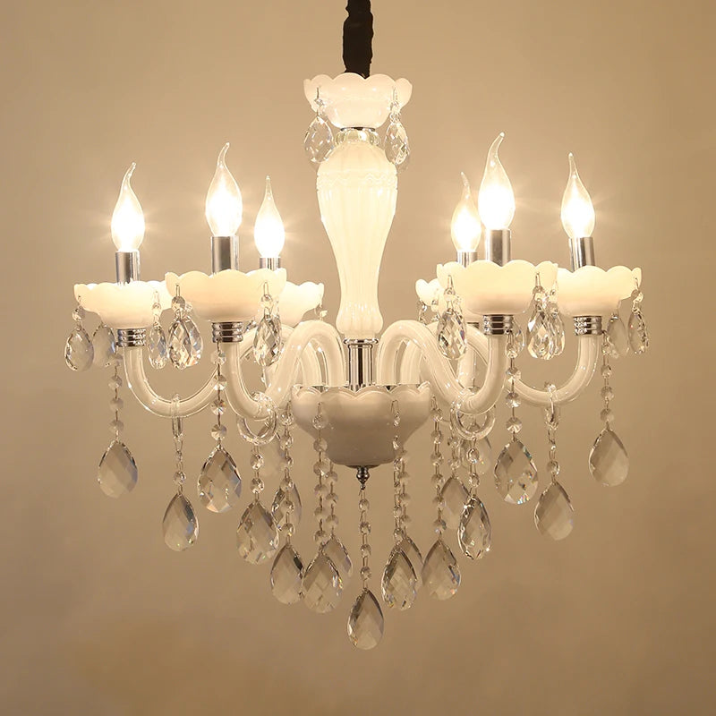 Luxury White K9 Glass Arms Crystal Chandelier for Bathroom Modern Hotel Pendant Lamp for Home Decor Celling Led Chandeliers